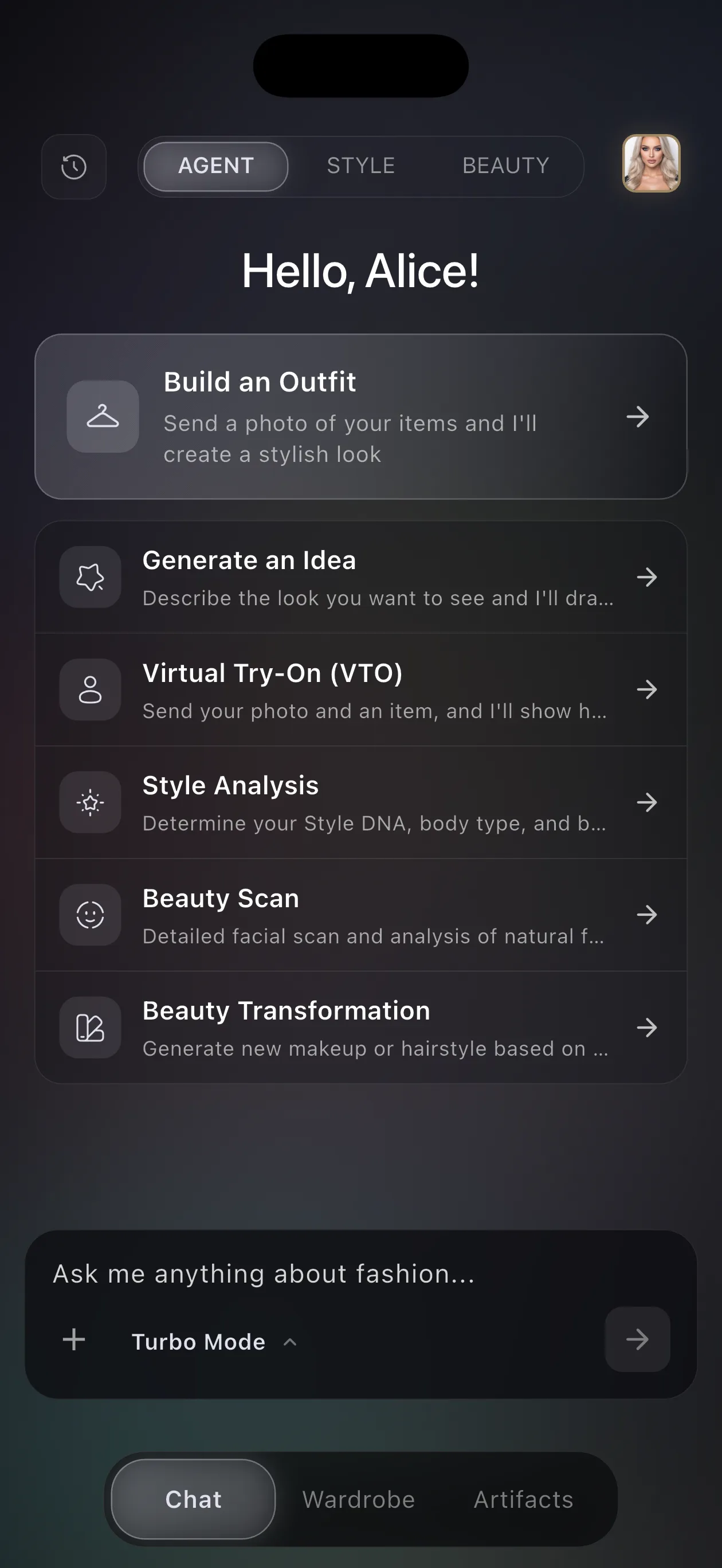 SELION Agent home screen ready for a wardrobe-aware request