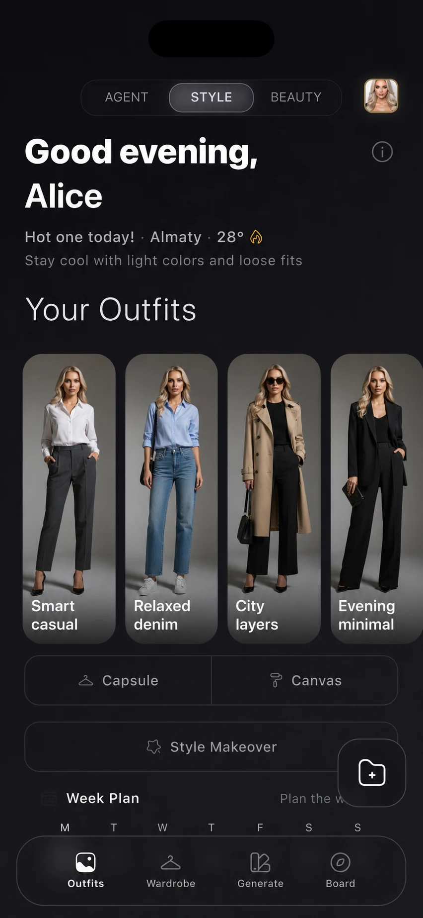 SELION Style home screen with weather context, saved outfits, and a visible week plan