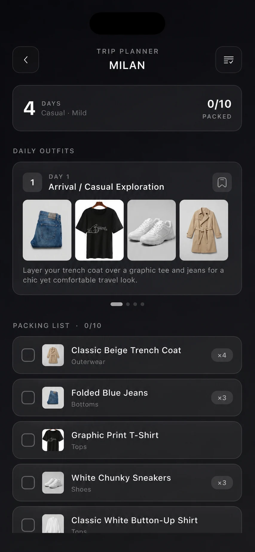 SELION Trip Planner showing daily outfits and a packing checklist built from saved wardrobe items