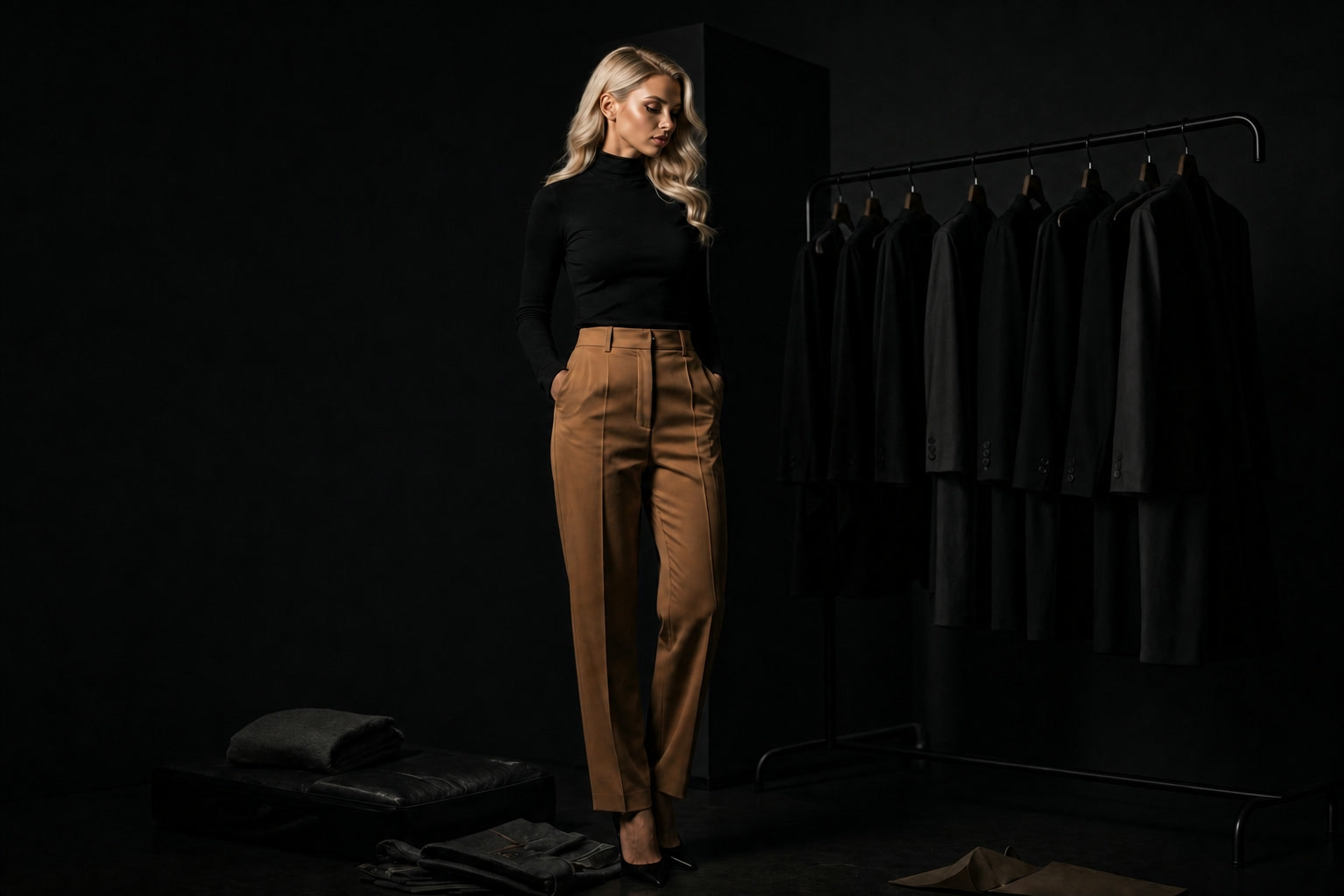 Alice lleva un jersey negro de cuello alto y pantalones camel en un armario oscuro de atelier