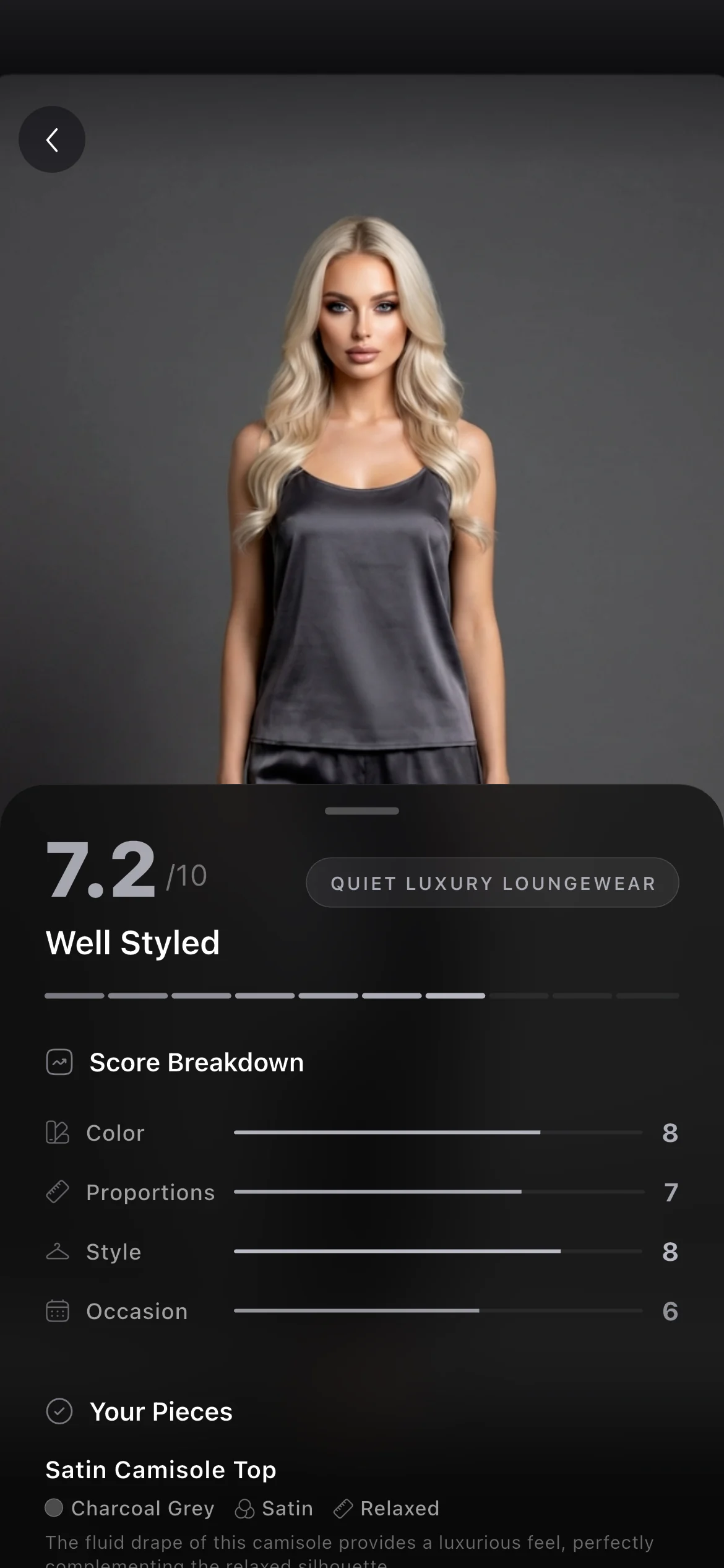 SELION.AI Outfit Check interface showing a style analysis result